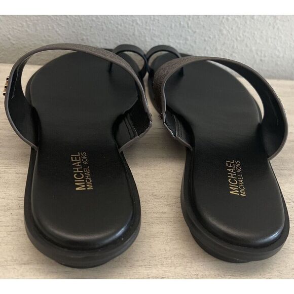 Michael Kors Brown Signature Sandals Slides Sz 6.5 Gold MK Big Toe Strap - Picture 8 of 8